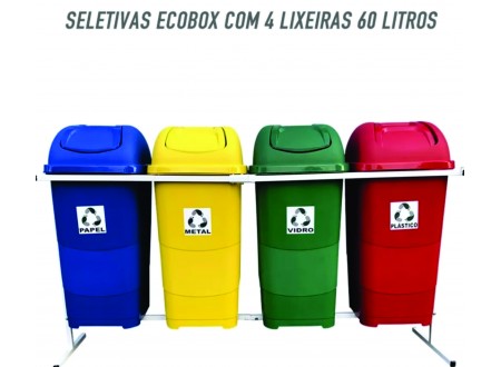 Coletor de lixo para coleta seletiva com tampa basculante-Conjunto Com 4 Lixeiras 60 Litros Coleta Seletiva